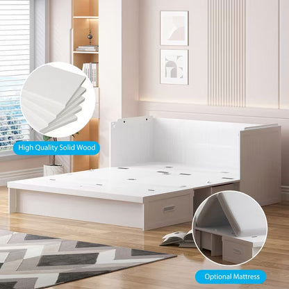 Mjkone Queen Murphy Bed with Charging Station & Storage Drawer,Space-Saving Design,No Mattress,White