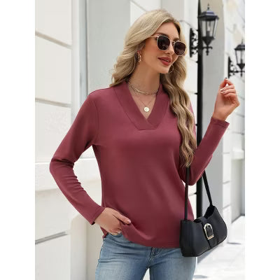 Zeagoo Women's V-Neck Solid Long Sleeve Relaxed Fit Casual Blouse Top-Purplish Red-S