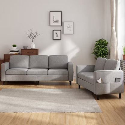 Mjkone 3PCS Convertible Sectional Sofa Set, Linen 3-Seater Sofa & Loveseat Couch with Side Pocket, Storage Ottoman-Light Grey