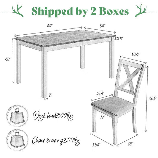 AMERLIFE 60" Space Saving 7-Piece Farmhouse Solid Wood Dining Table Set with 6 Upholstered Chairs, Brown & White