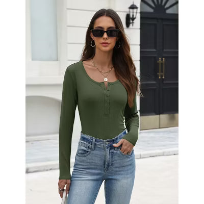 Zeagoo Women's Henley Crew Neck Ribbed Knit Slim Fit Long Sleeve Top-Army Green-XL