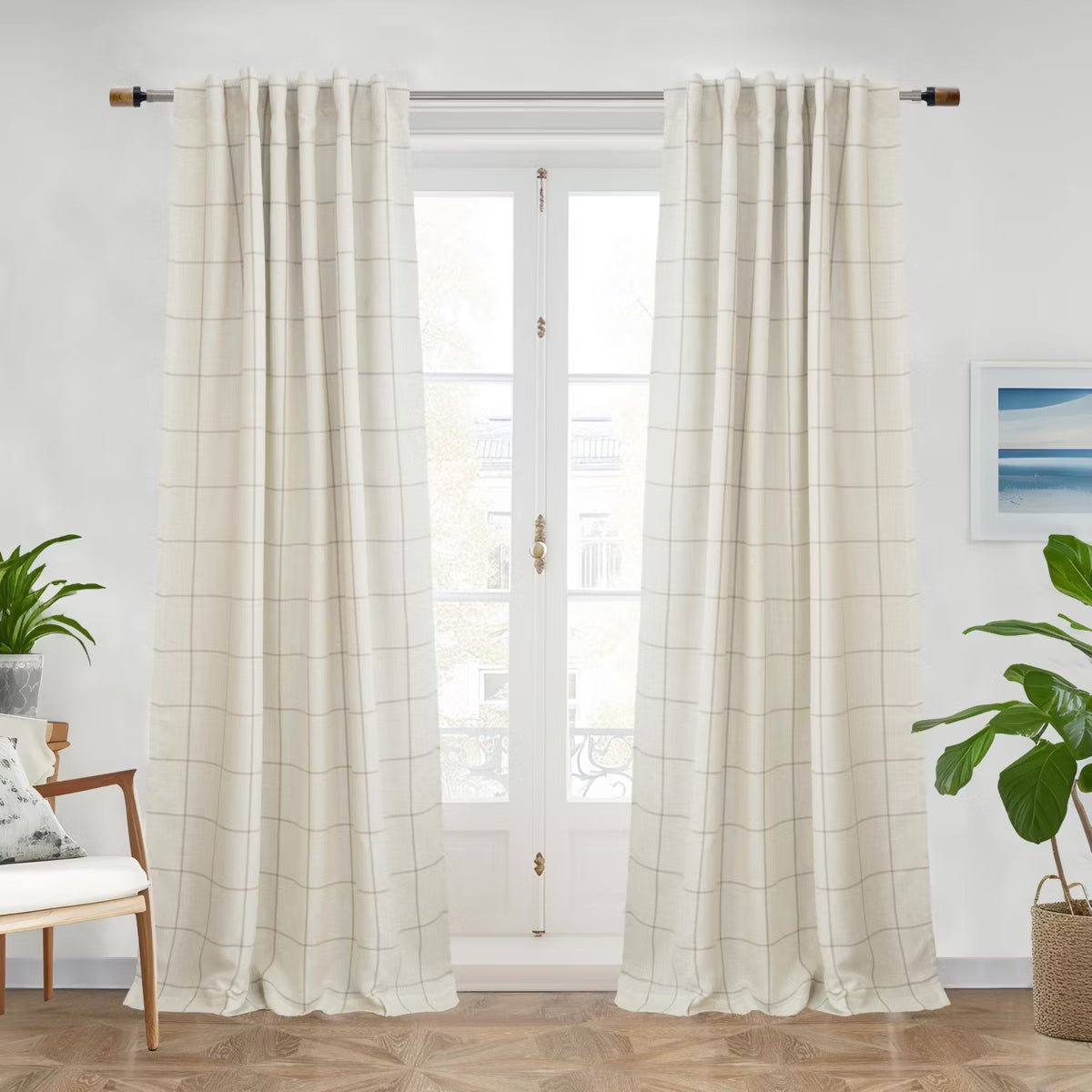 DriftAway 100% Blackout Windowpane Plaid Linen Curtains Yarn Dyed Woven Lined Farmhouse Drapes Taupe 52X84