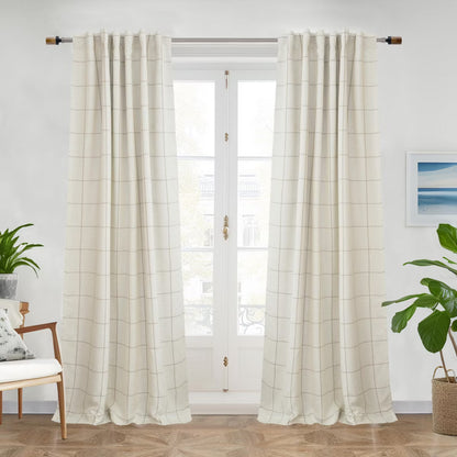 DriftAway 100% Blackout Windowpane Plaid Linen Curtains Yarn Dyed Woven Lined Farmhouse Drapes Taupe 52X84