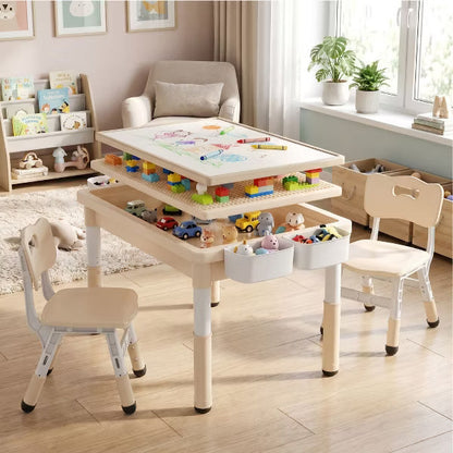 TODECARE Kids Height-Adjustable Table and 2 Chairs Set with Large Storage and Reversible Activity Desktop, Brown