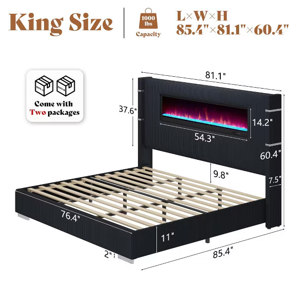 AMERLIFE Modern Bed Frame with Fireplace, Wingback Platform Bed Frame with 60.4“ Extra Tall Headboard, Beige