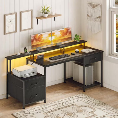 Qwatto 55" Black Computer Desk with 3 Adjustable Drawers and Charging Station Gaming Table with Monitor Stands Home Office Study Writing Workstation