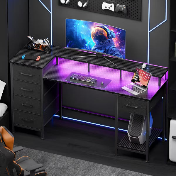 Qwatto 47" Carbon Fiber Black Gaming Desk with Charging Station LED Lights Reversible Computer Desk 5 Fabric Drawers Home Office Writing Study Table