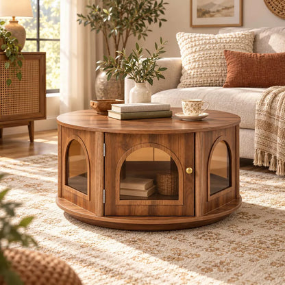 LauKingdom 31.5" Round Coffee Table with Storage, Arched Glass Door Pet House Table in Walnut Wood Grain, Mid-Century Modern Furniture for Living Room