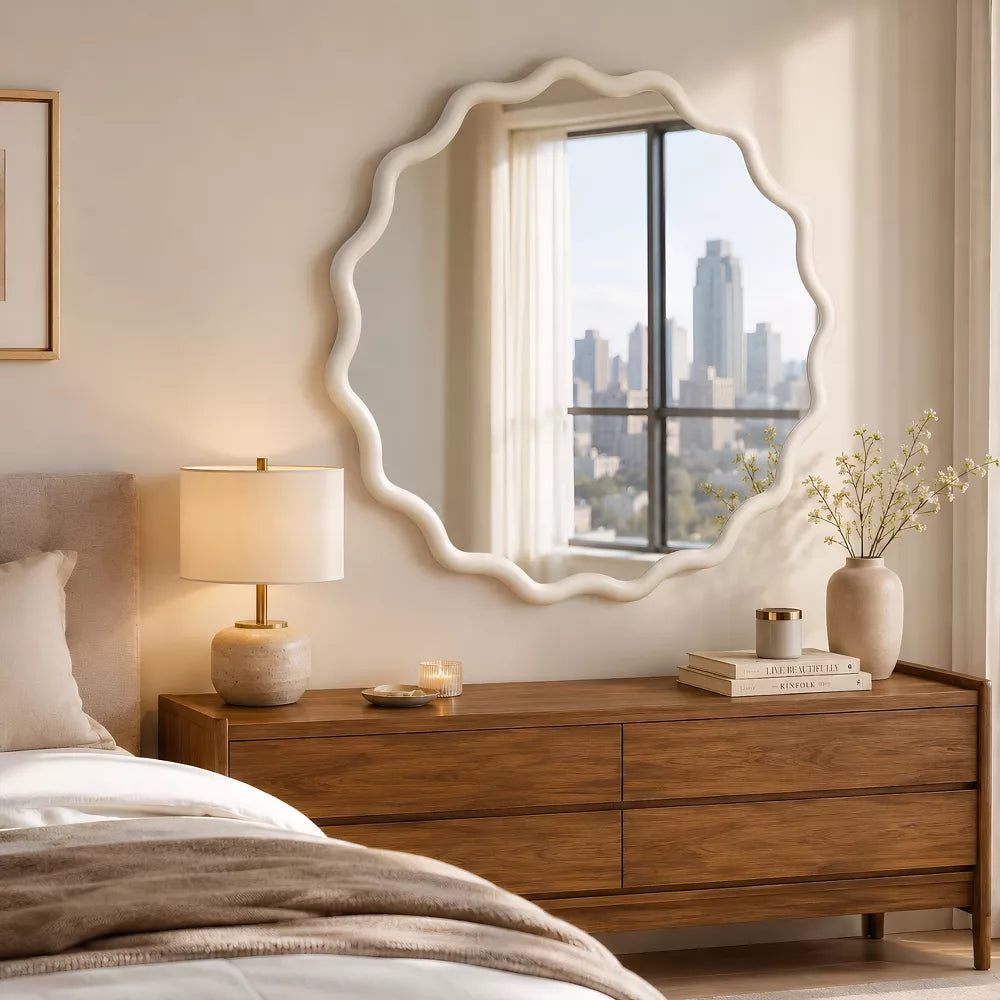 White 24" Wavy Round Solid Wood Frame Decorative Wall Mirror – Ideal for Bedroom, Bathroom, Living Room, Entryway, Farmhouse Decor