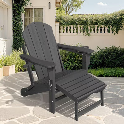 Adirondack Rocking Chair with Retractable Ottoman and Cup Holder, All Weather HDPE Folding Adirondack Chair,Fire Pit Chair for Porches, Patios