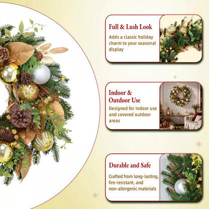 Romswi 24in Pre-Lit Artificial Christmas Wreath Realistic PE PVC Botanical Battery-Powered Holiday Decoration with Timer LED Lights for Front Door