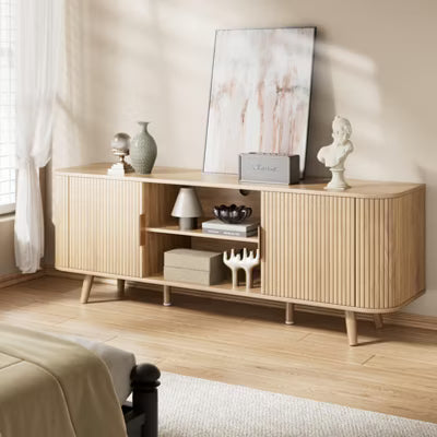 Qwatto 55'' Media Console for Bedroom Living Room Oak TV Stand for 65'' TV Mid Century Modern Cabinet Fluted Wood Detail Cable Management