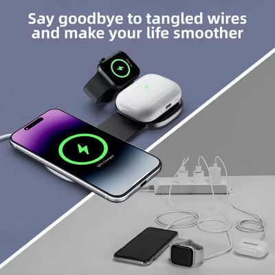 3-in-1 Foldable Magnetic Charger Fast Charging Station with Independent Coils, Strong Magnetic Hold for iPhone Apple Watch AirPods – Black