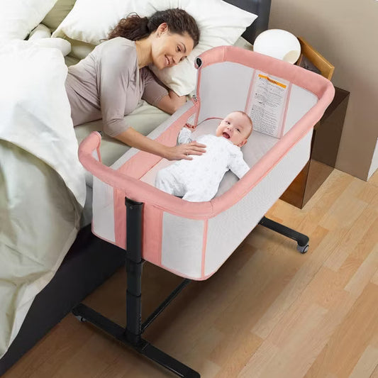 Kinder King Baby Bassinet 2 in 1 Bedside Sleeper,Folding Portable w/Storage Basket All-Sided Mesh 6 Adjustable Height Comfy Mattress