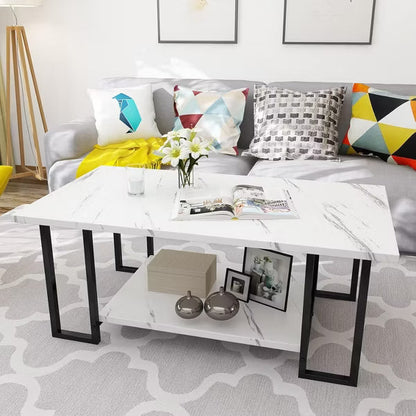 Hooseng 40 Inch Living Room Faux Marble Coffee Table, Top Rectangular 2-Tier Coffee Table with Black Metal Frame for Office
