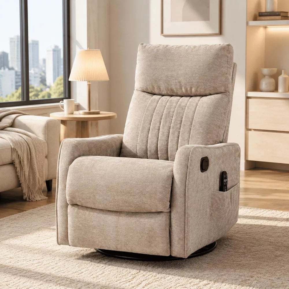 360° Rotation, 8-Point Vibrating Swivel Rocker Chenille Recliner Chair with Massage and Heating