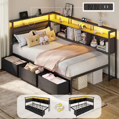 Qwatto Twin Size Corner Bed Frame with Storage Drawers and Bookcase LED Lights Charging Station Upholstered Daybed Platform Bed No Box Spring Needed