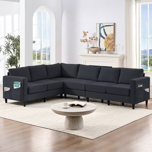 Mjkone 108"Linen Oversized Modular Sectional Sofa,L-Shaped Sectional Sofas with Side Pocket,Large 6 Seater Corner Sofa,Dark Grey
