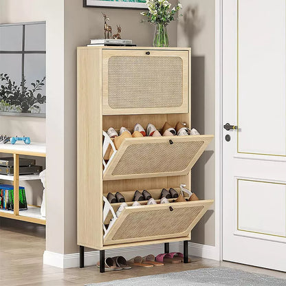 Hooseng Boho Style 3 Rattan Drawers Shoe Storage Cabinet With MDF Frame And Metal Legs, Freestanding Shoe Storage Unit Organizer With Adjustable Panel