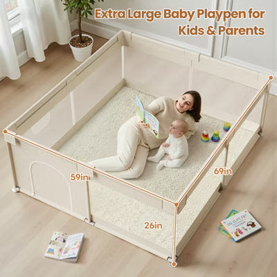 Extra Large Baby Playpen with Gate Indoor Toddler Play Yard & Kids Play Area Fence, Sturdy Gray 69×59x26in (YELLOW)