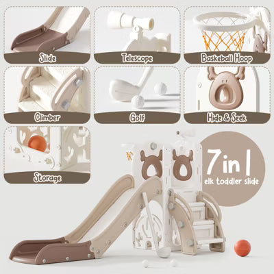 7 In1 Elk Toddler Slide, Kids Indoor Slide For Toddlers ,baby Slide For Indoor Outdoor With Basketball Hoop And Telescope