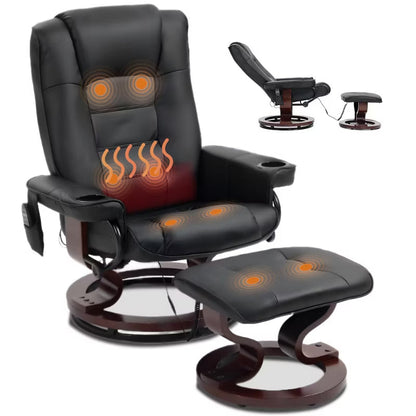 Bosmiller Massage Recliner with Ottoman Swivel Wood Base, Adjustable Recline, Faux Leather Lounge Chair with Footrest for Living Room and Bedroom