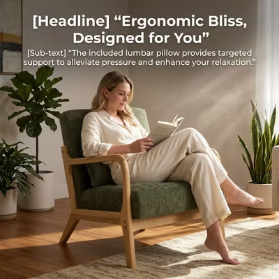 Mid-Century Modern Upholstered Accent Armchair with Solid Wood Frame & Lumbar Pillow - Olive Green