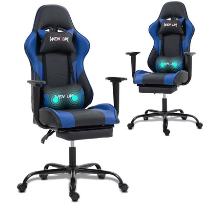Bosmiller Reclining Gaming Chair with Footrest, Massage Racing Office Chair, PU Leather Computer Desk Chair with Head Pillow for Adults