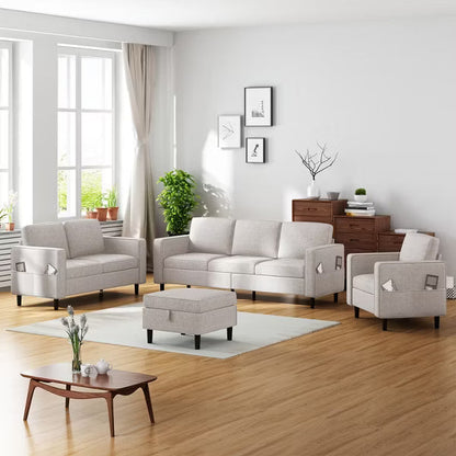 Mjkone 78" Linen Sectional Couches Set ,3-Seater Sofa with Storage Ottoman and Loveset Sofa and Armchair -Beige