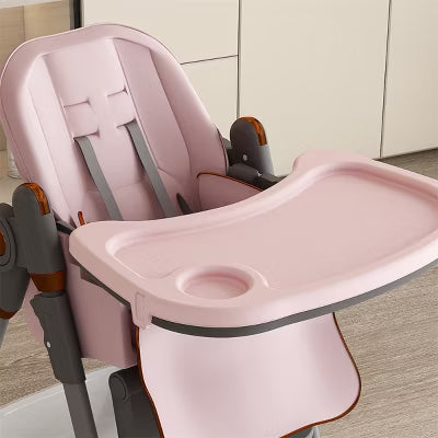 ELJGET Adjustable Baby High Chair 0-6 Years, Portable Foldable Infant Seat with 5-Point Belt, Wheels, 5 Height & Recline Settings, Easy-Clean, Pink