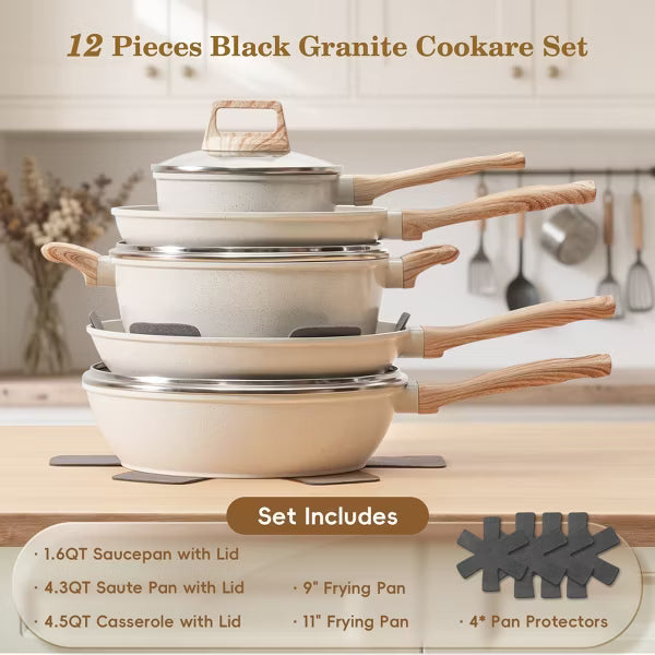SODAY 12 pcs Non-toxic Healthy Non Stick Kitchen Cooking Set Cookware Sets White
