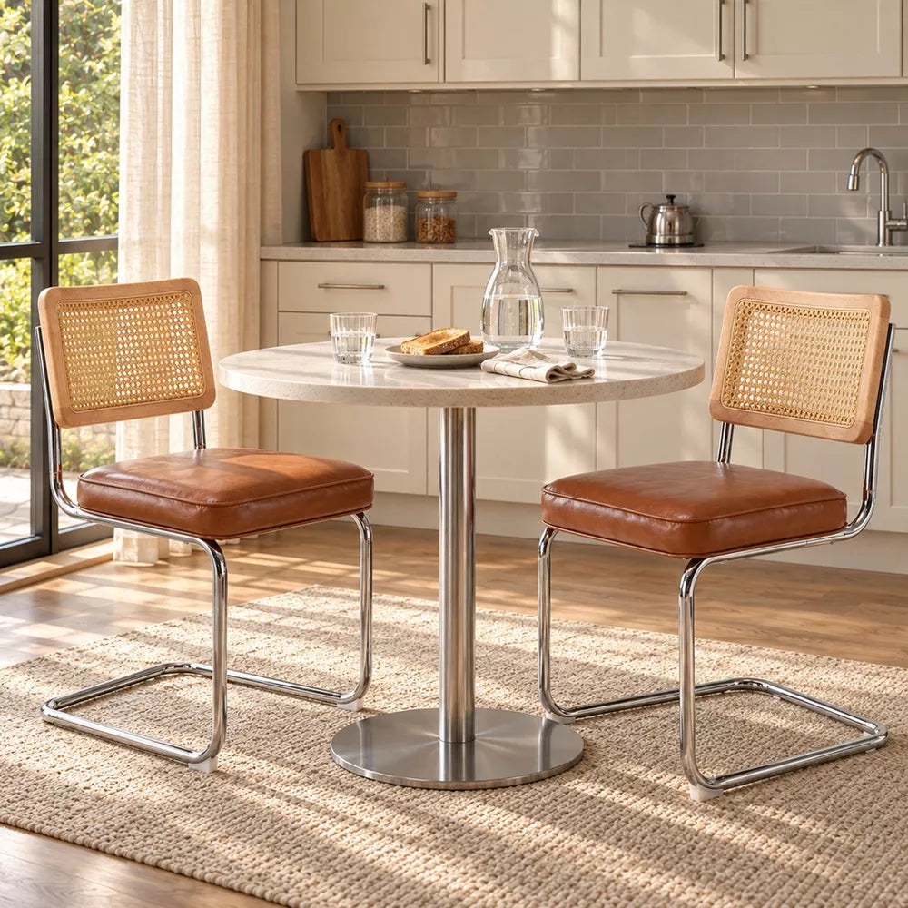 LauKingdom Cognac Brown Rattan Dining Chairs Set of 2, Faux Leather Cane Back Kitchen Chairs with Chrome Cantilever Frames for Dining Room & Apartment