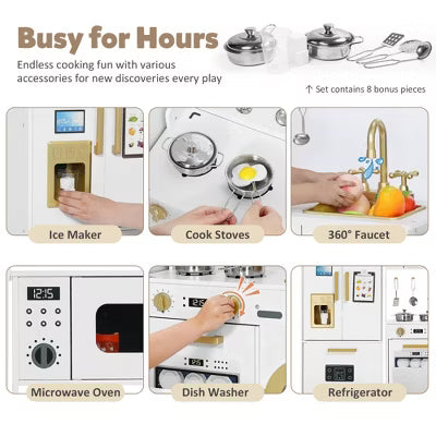 TODECARE Wooden Play Kitchen for Kids with Ice Maker, Freezer and Washing Machine, Gift for Boys and Girls Age 3+