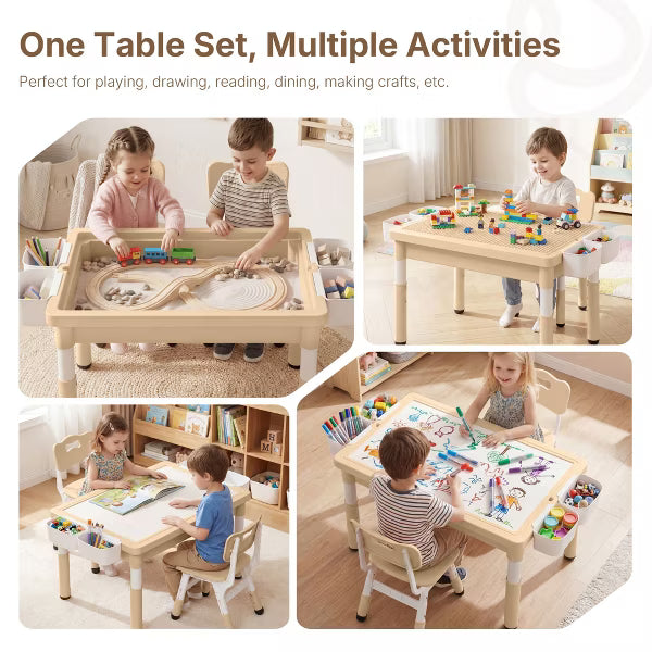 TODECARE Kids Height-Adjustable Table and 2 Chairs Set with Large Storage and Reversible Activity Desktop, Brown