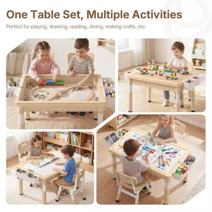 TODECARE Kids Height-Adjustable Table and 2 Chairs Set with Large Storage and Reversible Activity Desktop, Brown