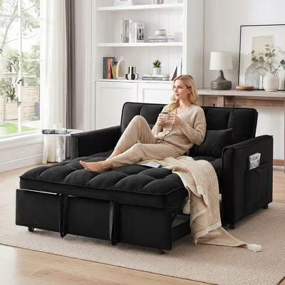 ELJGET 3-in-1 Convertible Sofa Bed with Pull Out Bed, Modern Velvet Double Sleeper Sofa, Adjustable Sleeper Chair Bed for Office, Living Room, Black
