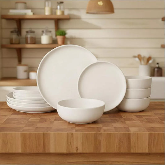 GreenElevate Stoneware Elegance 12-Piece Dinnerware Set for 4, Plates&Bowls, Microwave & Dishwasher Safe, Non-Toxic Matte Glaze, Stackable Kitchenware
