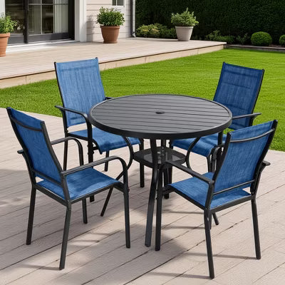 BOSMILLER 5-Piece Patio Dining Set with 4 Textilene Chairs & Round Metal Table, Umbrella Hole, All-Weather for Lawn Garden - Blue