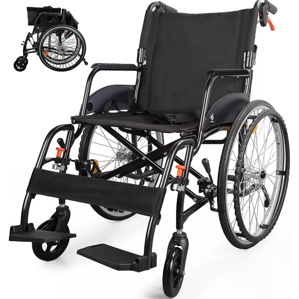 Whlicks Self-Propelled Wheelchair for Adults, Lightweight Folding Wheelchair, 22" Rear Wheels, 264 lb Capacity, Oxford Fabric Seat & Back, Black Frame
