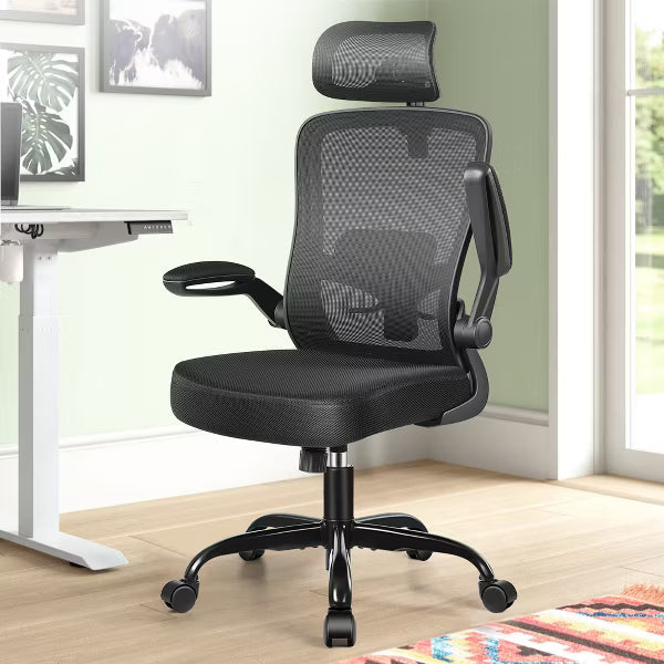 KERDOM Headrest Desk Chair with Adjustable Lumbar Support, Home Office Swivel Task Chair with High Back and Armrest,Black