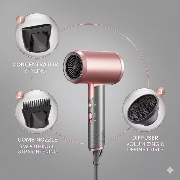 Hoey 1800W Professional Ionic Hair Dryer with Diffuser and Concentrator Attachments - 3 Heat Settings