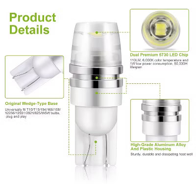 10PCS T10 LED Bulbs 194 LED Lights 12V 1W 5730 Xenon White Wedge Base LED Replacement Bulbs for License Plate Parking Position Interior Lights