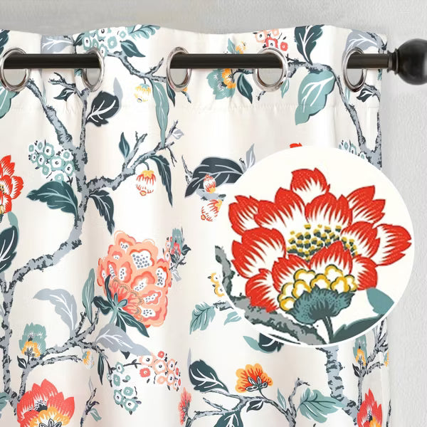 DriftAway Ada Floral Botanical Print Flower Leaf Lined Thermal Insulated Blackout Window Curtains Orange Teal 52X84