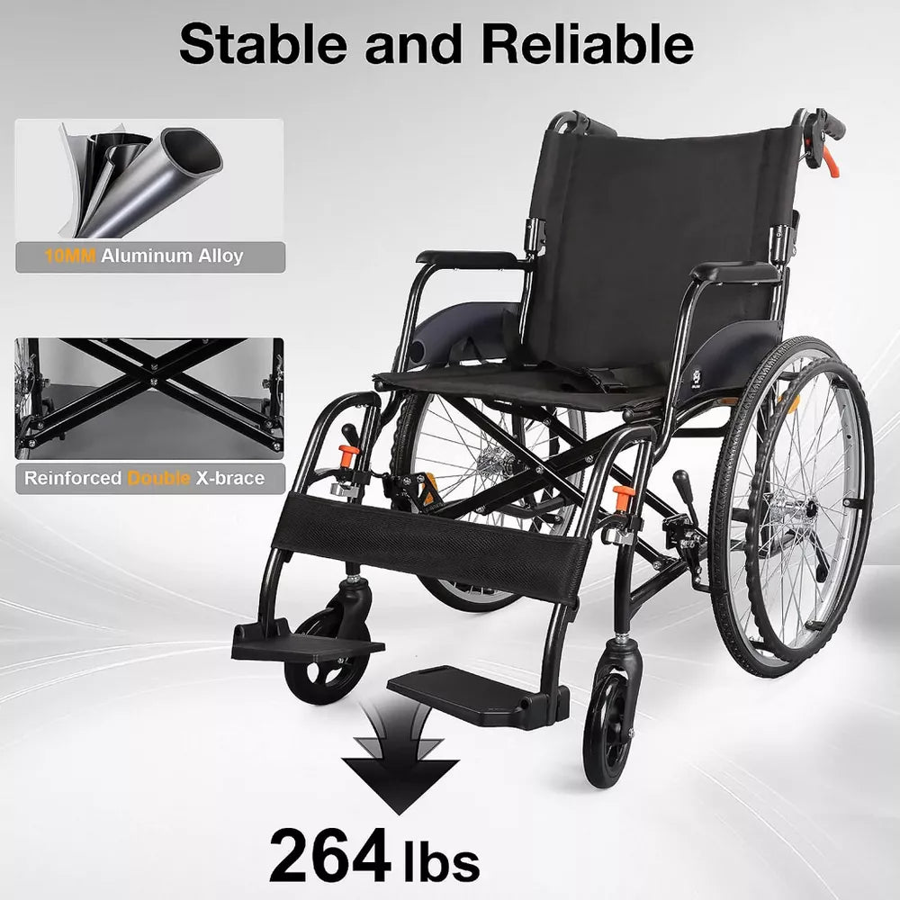 Whlicks Self-Propelled Wheelchair for Adults, Lightweight Folding Wheelchair, 22" Rear Wheels, 264 lb Capacity, Oxford Fabric Seat & Back, Black Frame