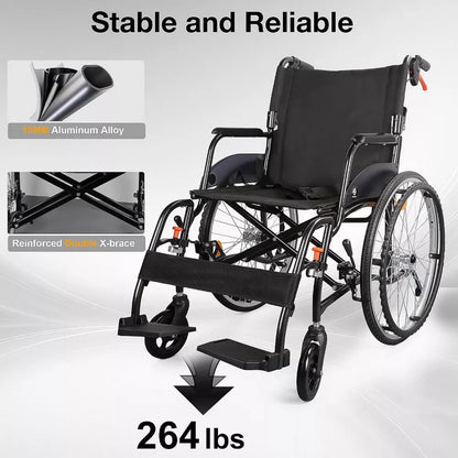 Whlicks Self-Propelled Wheelchair for Adults, Lightweight Folding Wheelchair, 22" Rear Wheels, 264 lb Capacity, Oxford Fabric Seat & Back, Black Frame