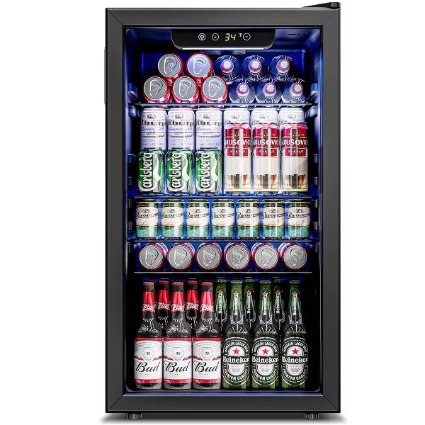 EUHOMY 116 Can Beverage Refrigerator- Glass Door Drink Cooler with Adjustable Shelves- Black