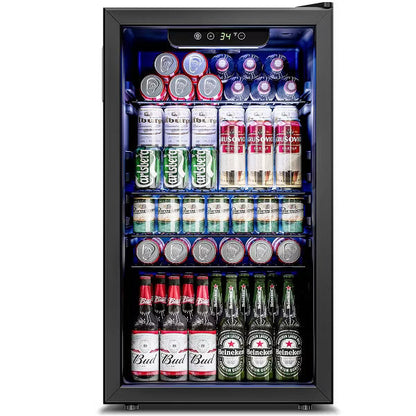EUHOMY 116 Can Beverage Refrigerator- Glass Door Drink Cooler with Adjustable Shelves- Black
