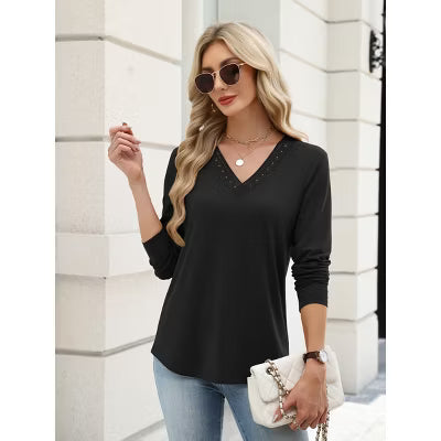 Zeagoo Women's Long Sleeve Lace Trim V-Neck Casual Tunic Top-Black-S