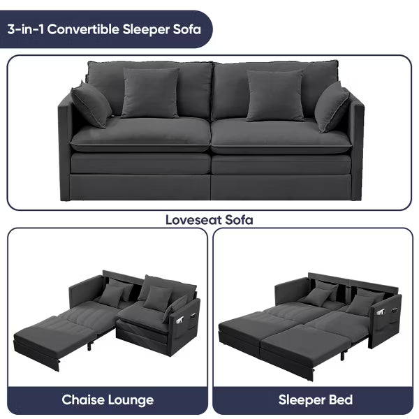Mjkone 77.95'' lce Velvet 3-in-1 Convertible Loveseat Sleeper Sofa Bed with Side Pockets,Pull Out into Chaise Lounge/Sleeper Bed，Grey