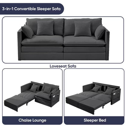 Mjkone 77.95'' lce Velvet 3-in-1 Convertible Loveseat Sleeper Sofa Bed with Side Pockets,Pull Out into Chaise Lounge/Sleeper Bed，Grey